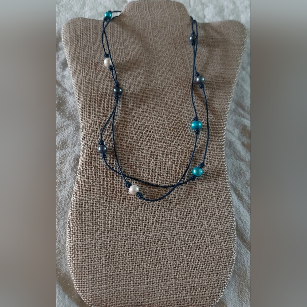 Handmade Peacock, White & Lt. Blue Pearl & Navy Blue Leather Necklace
